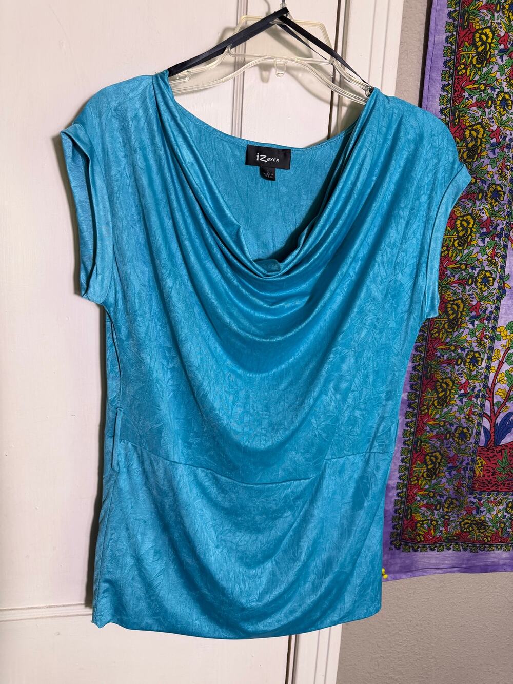IZ Byer Womens L Turquoise Blue Cowl Neck Top Y2K Belt Loops Short Sleeve